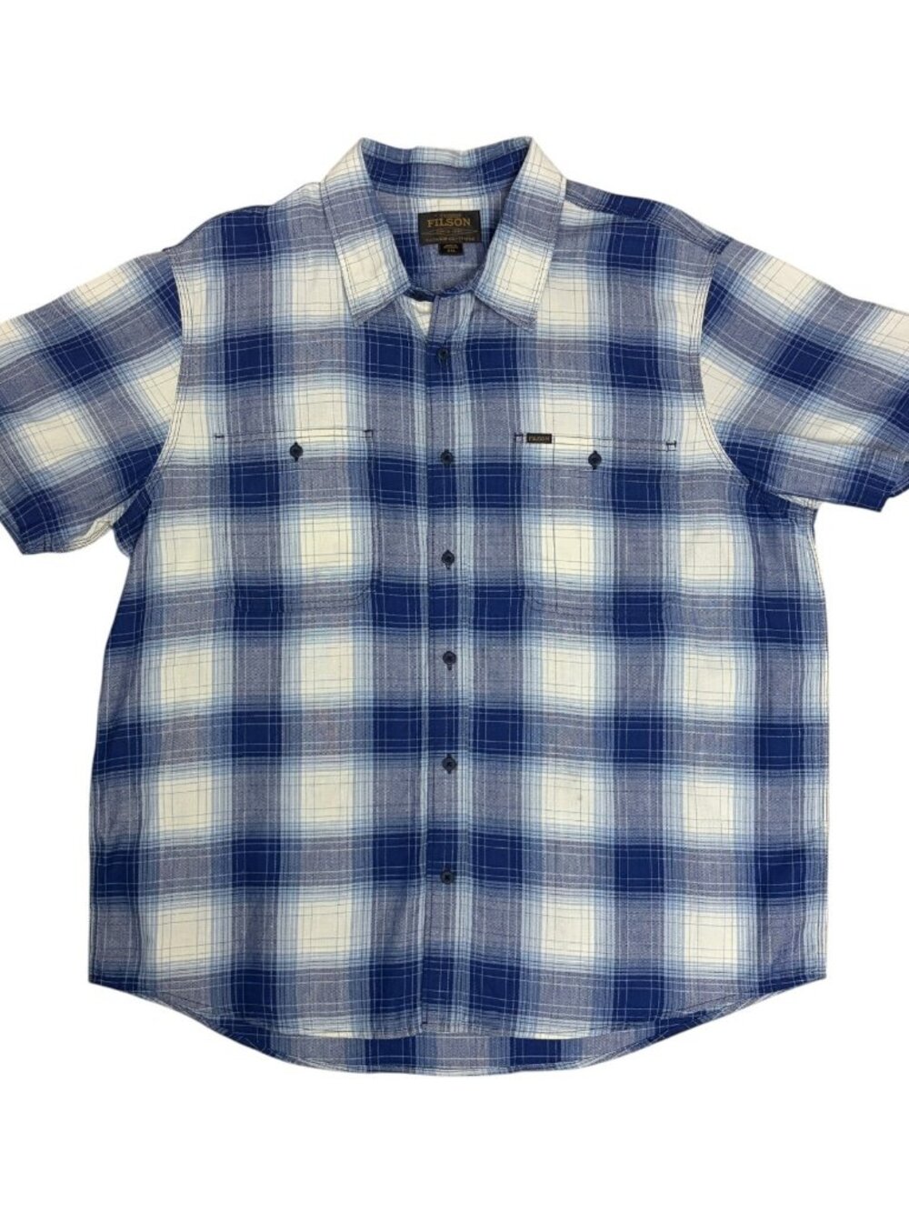 FILSON Plaid Shirt Short Sleeve LUXURY Cotton Blue Designer Casual Tee Mens 2XL